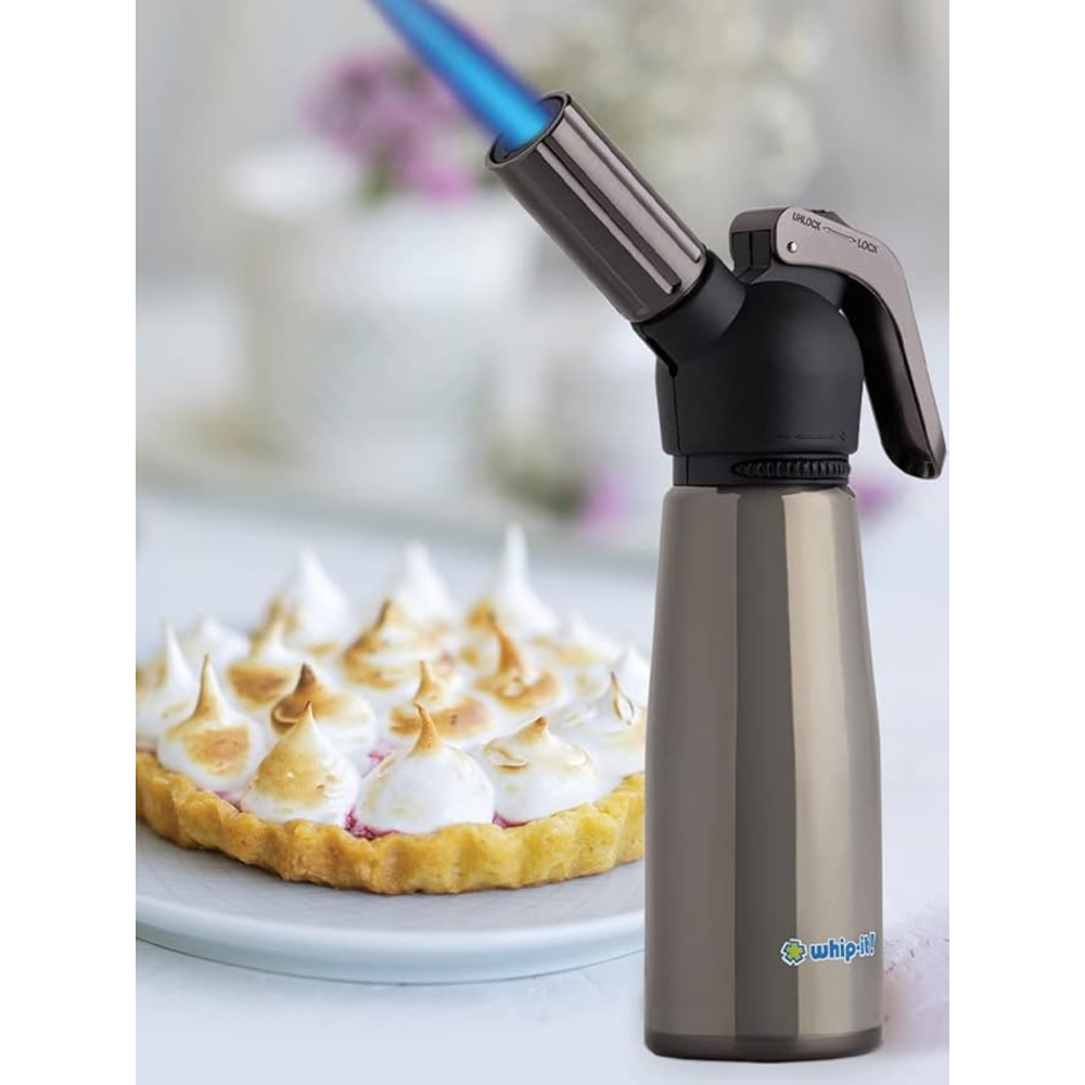 Motif Torch - Refillable Kitchen Torch Blow Torch with Safety Lock and Adjustable Flame for Desserts, Creme Brulee, and Baking (Black & Black Chrome Torch)