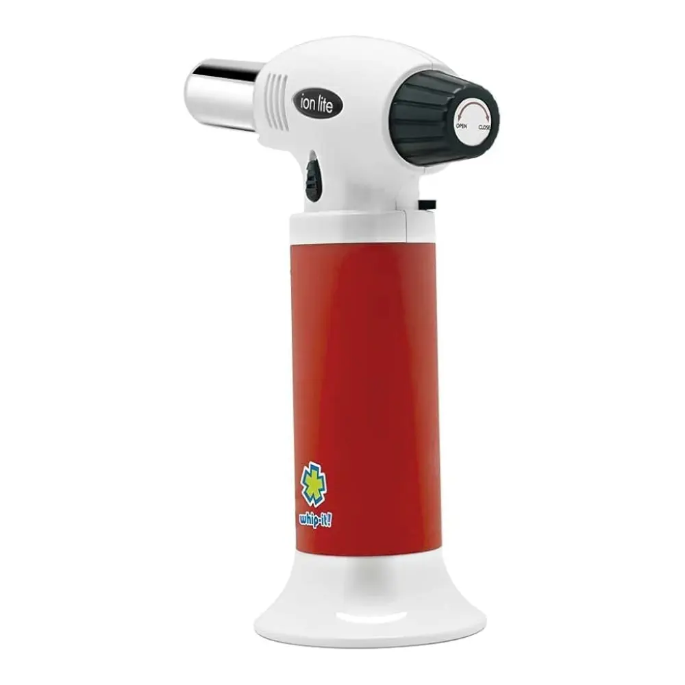 Ion Lite Torch: The Ultimate Refillable Kitchen Torch Blow Torch with Safety Lock and Adjustable Flame for Desserts, Creme Brulee, and Baking (Red & White)