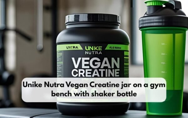 Unike Nutra Vegan Creatine jar on a gym bench with shaker bottle