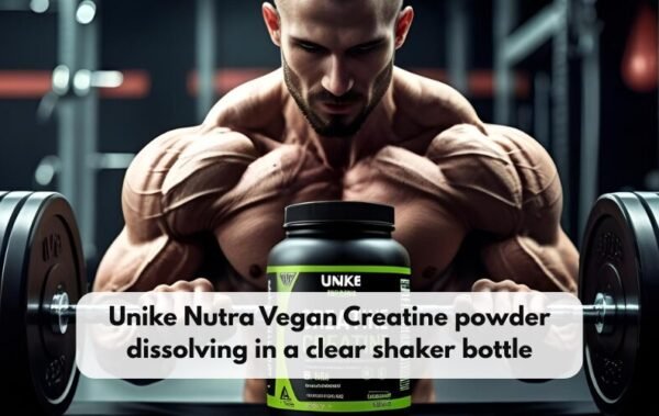 Unike Nutra Vegan Creatine powder dissolving in a clear shaker bottle