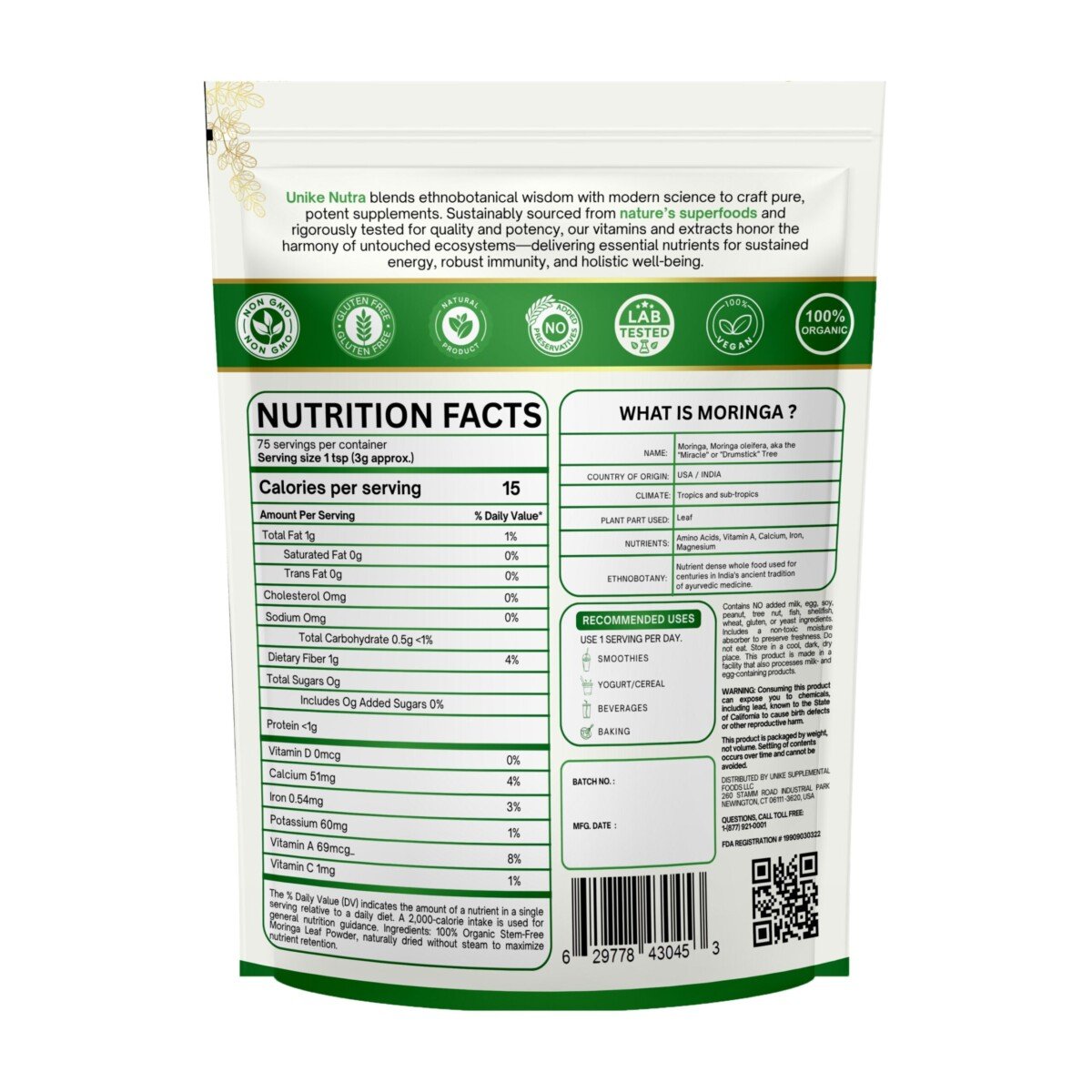 Organic Moringa Powder 8oz - Pure Green Superfood Supplement