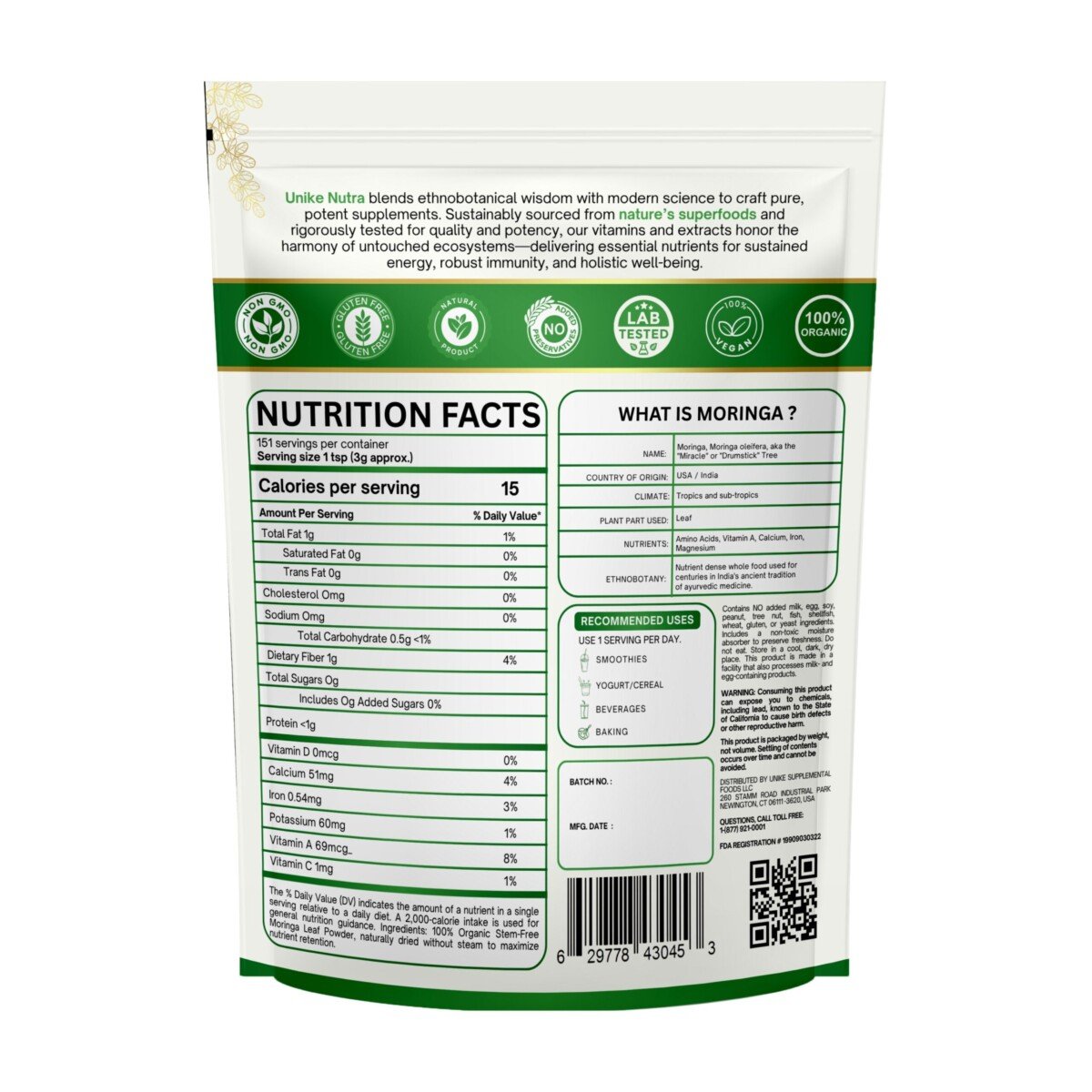 Organic Moringa Powder 16oz - Pure Green Superfood Supplement