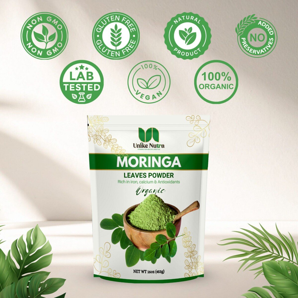 Organic Moringa Powder 16oz - Pure Green Superfood Supplement